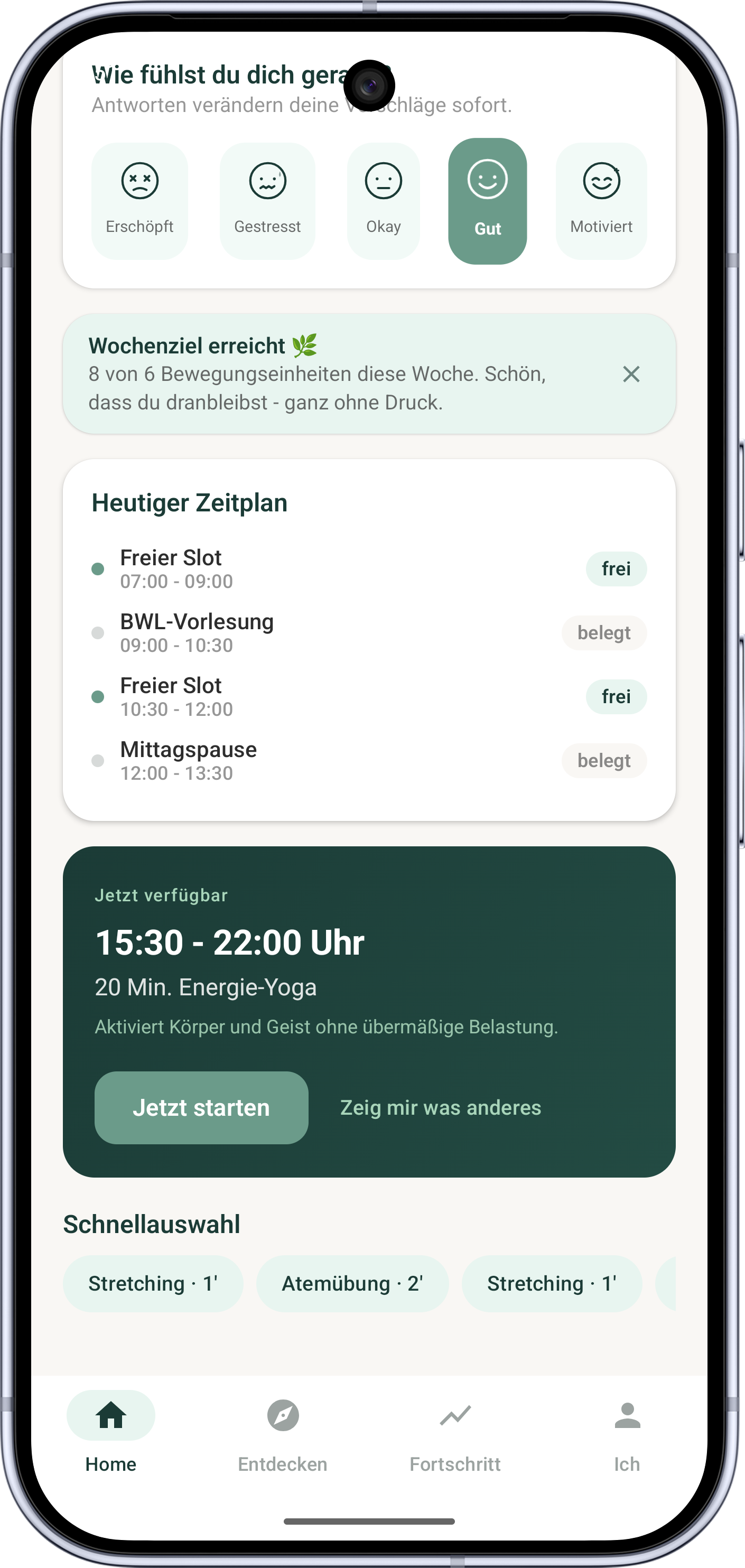MindMotion erkennt eine freie Lücke und schlägt eine passende Einheit für den Nachmittag vor.