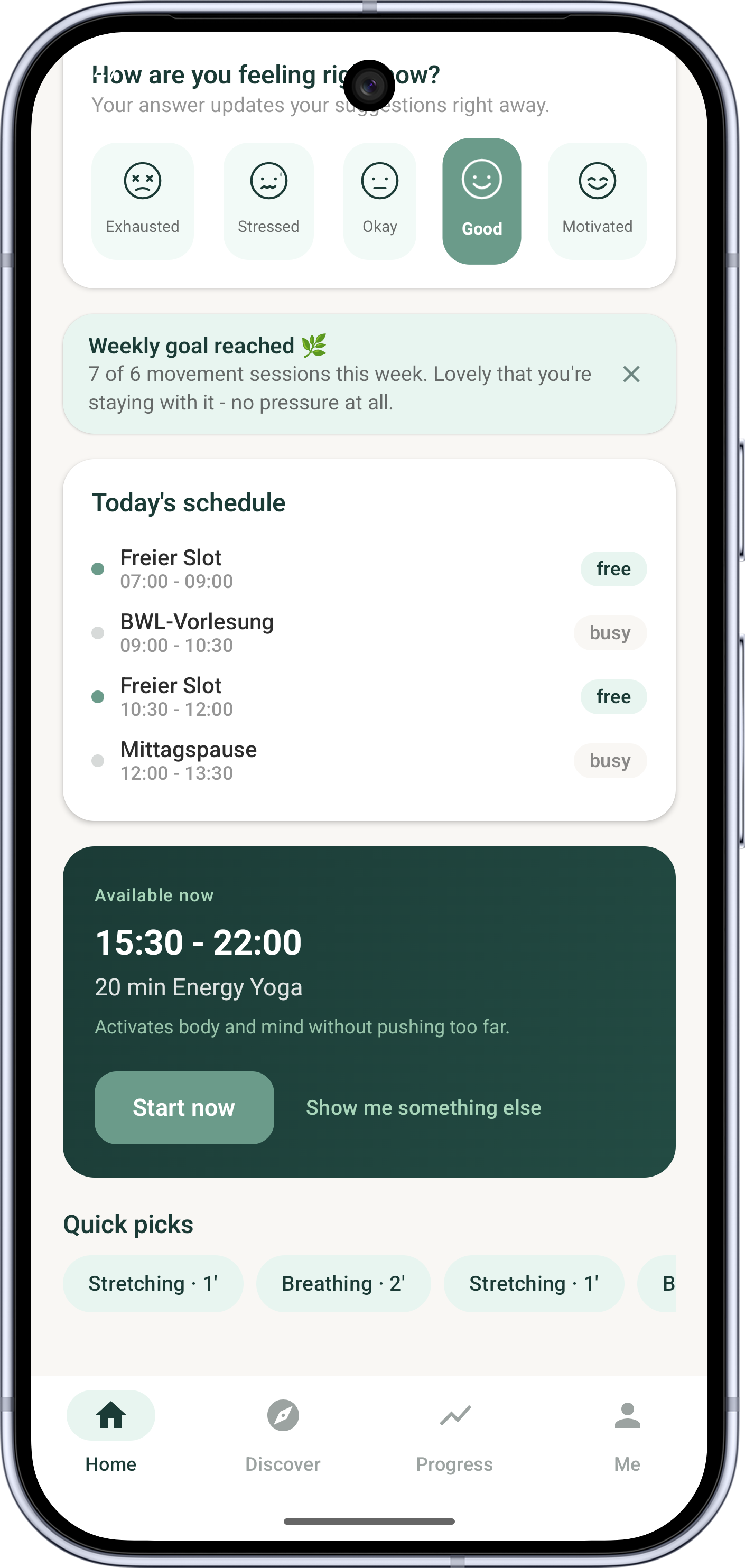 MindMotion spots a free gap and suggests a fitting session for the afternoon.