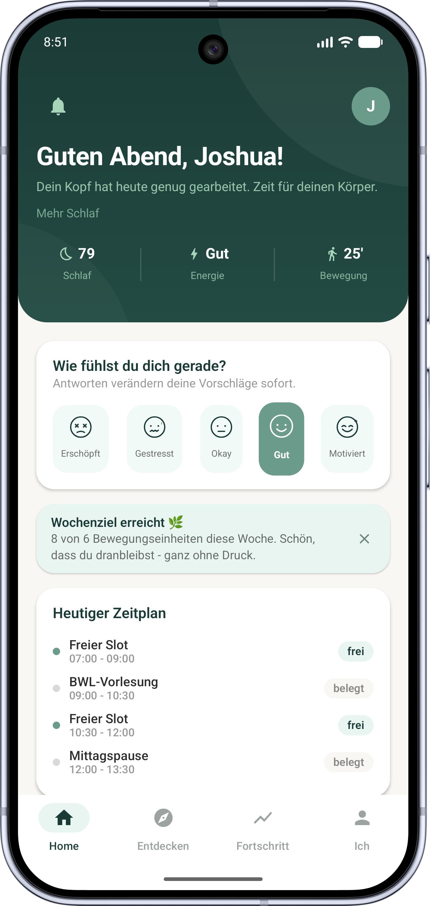 MindMotion Home-Bildschirm: persönliche Begrüßung, Energie-Auswahl und der heutige Zeitplan.