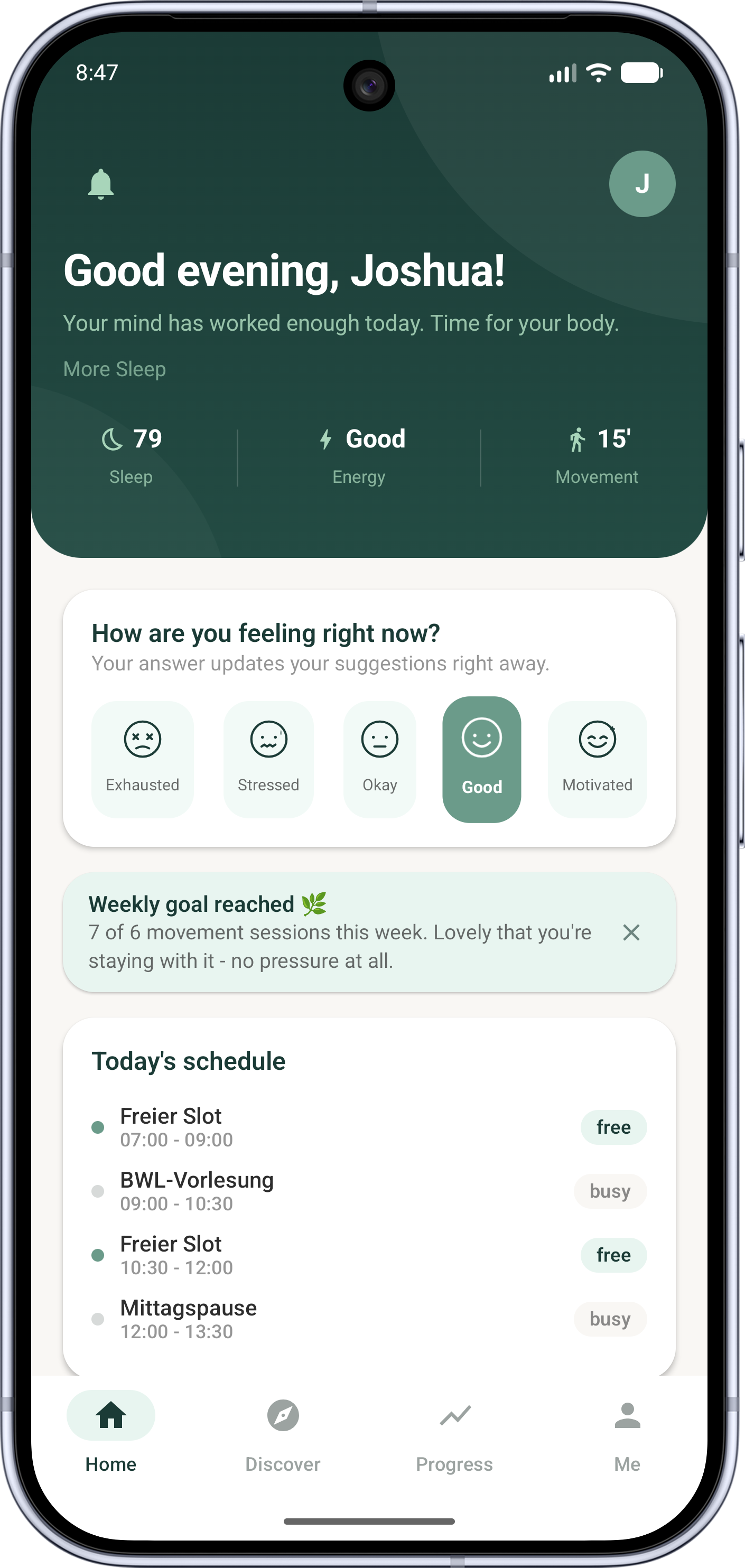 MindMotion home screen: personal greeting, energy picker and today's schedule.