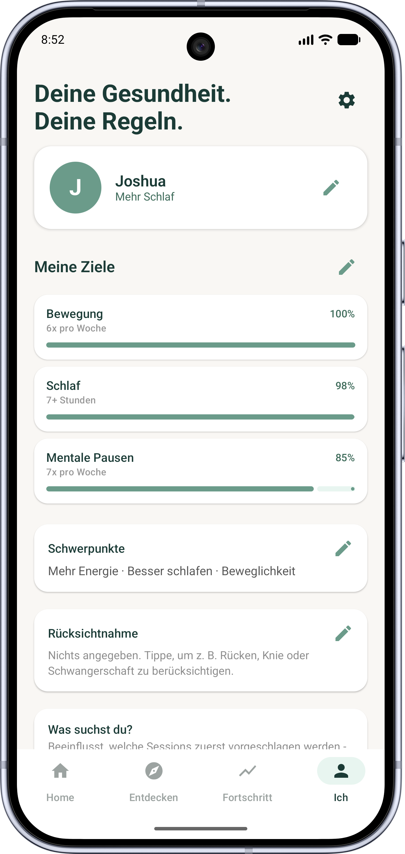 Profil-Bildschirm mit Zielen, Fokusbereichen und Hinweisen zu körperlichen Einschränkungen.