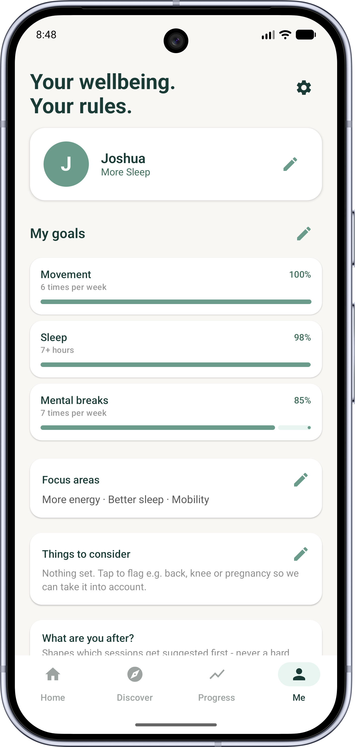 Profile screen with goals, focus areas and body-limitation notes.