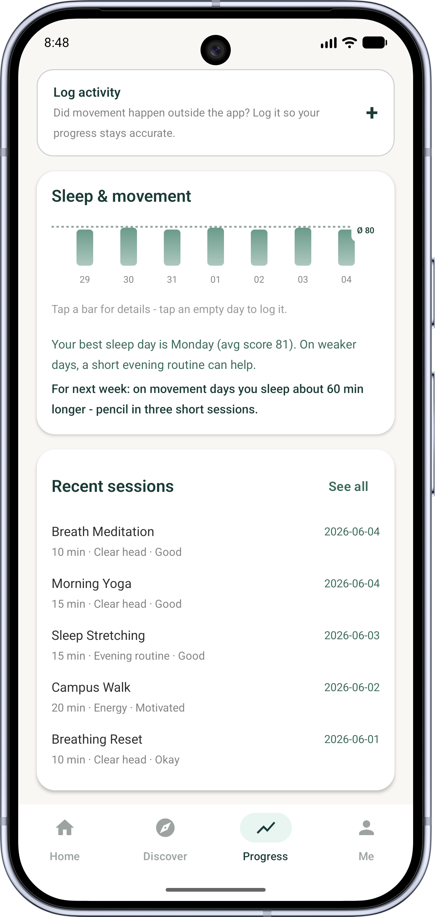 Sleep and movement history with a weekly chart and recent sessions.