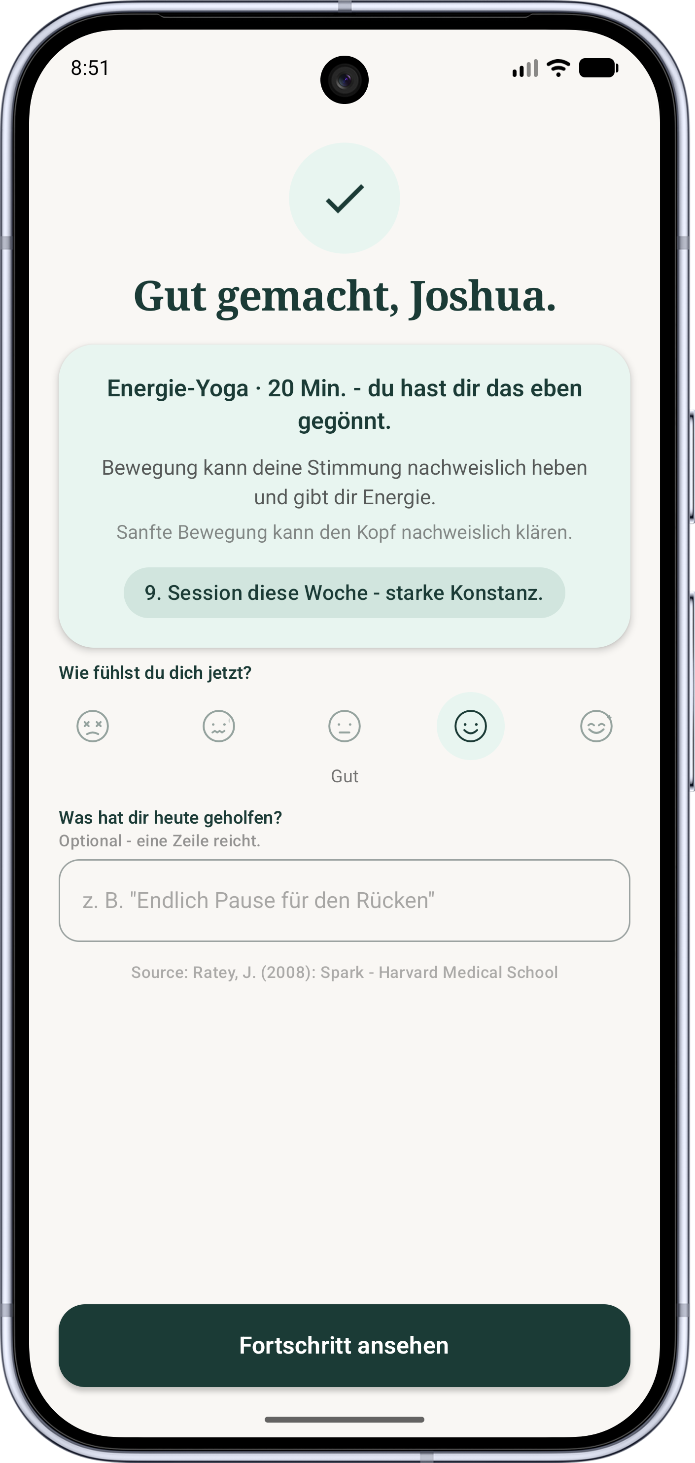 Abschluss-Bildschirm einer Einheit mit ruhiger Bestätigung und optionalem Stimmungs-Check.