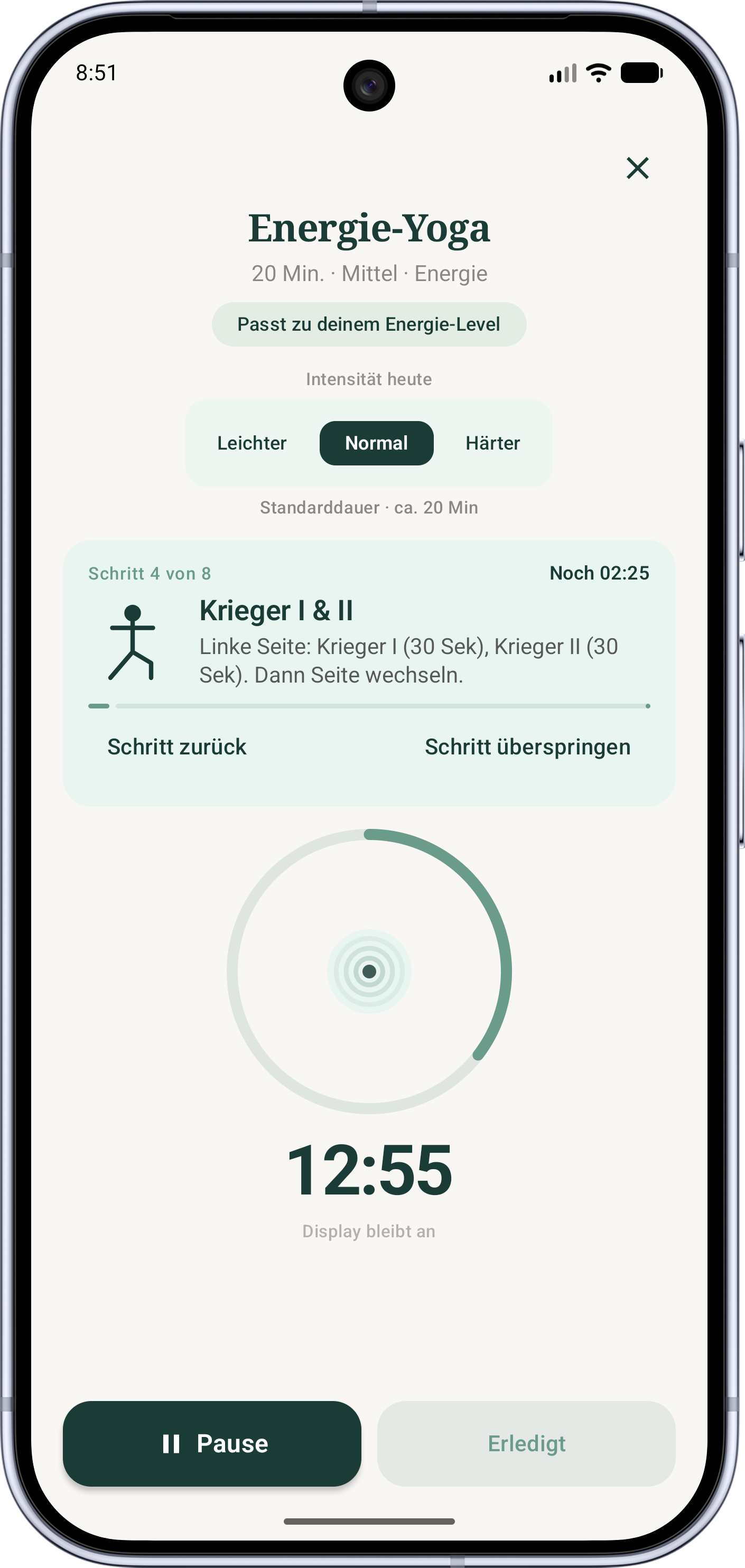 Geführte Einheit in MindMotion: aktueller Schritt, Fortschrittsring und Timer.