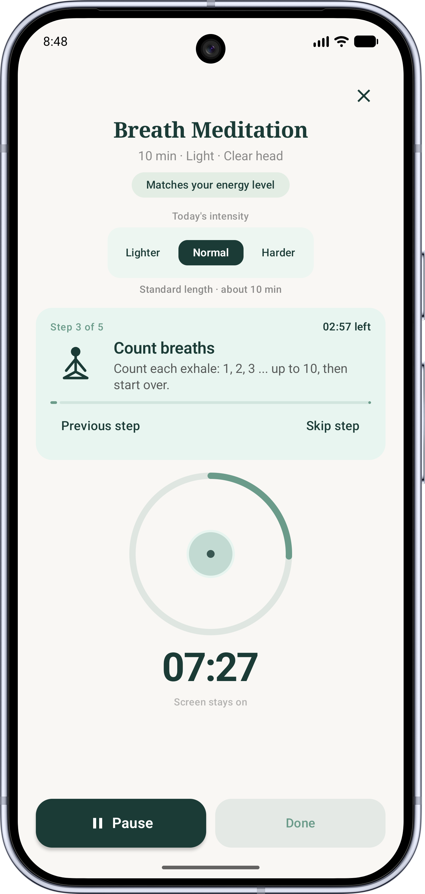 A guided MindMotion session: current step, progress ring and timer.